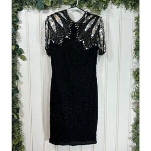 Vintage Black Sequin Beaded Dress MEDIUM Flapper Art Deco Short Sleeve Evening